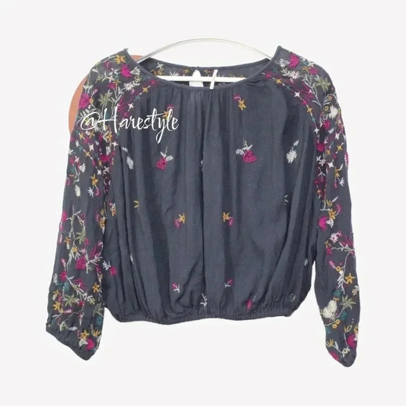 Free People cropped navy gauze embroidered top med - Picture 10 of 12